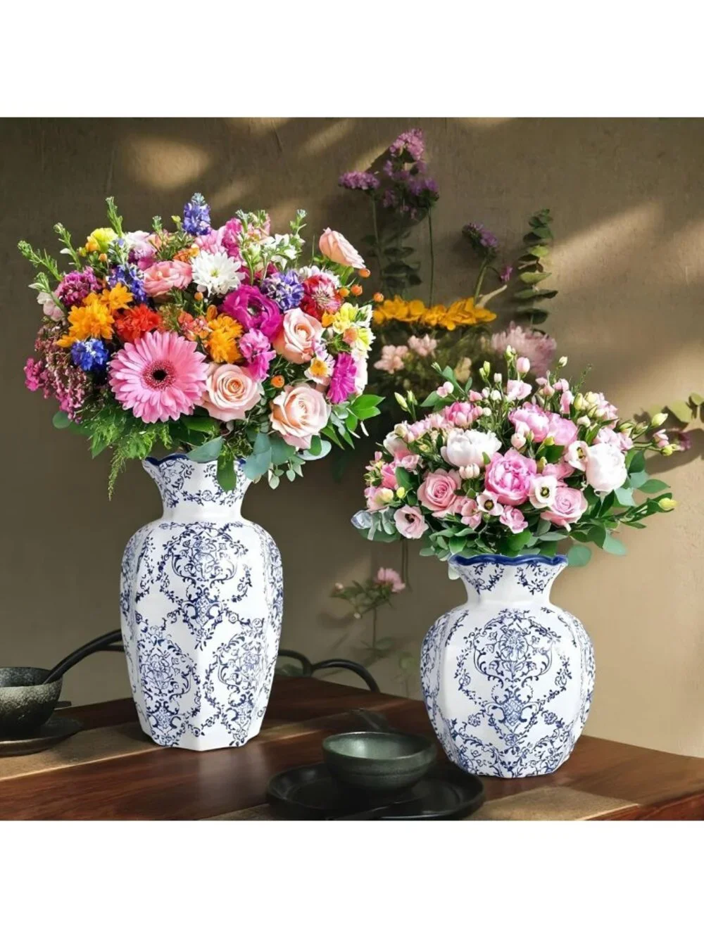 Chinoiserie Blue & White Ceramic Vase - 5.9” Vintage Home Decor for Flowers